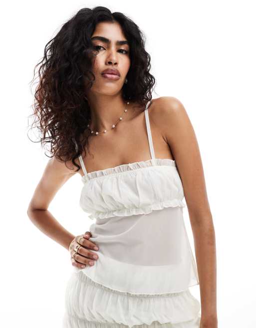 Top blanco marfil con pecho fruncido de malla de ASOS DESIGN (parte de un conjunto)