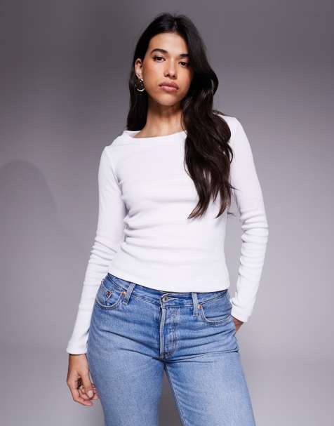 Top blanco marfil de cuello ancho alto de canalé estrecho de ASOS DESIGN - view 1