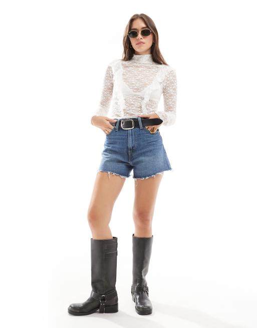 Top blanco marfil de manga larga con cuello subido de encaje transparente de Miss Selfridge, 4 de 4