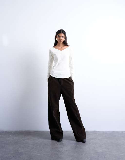 Top blanco marfil de manga larga raglán con cuello de pico de canalé de Topshop, 4 de 4