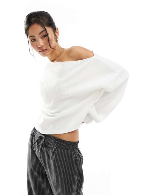 Top blanco marfil extragrande con escote Bardot de punto de arroz de ASOS DESIGN