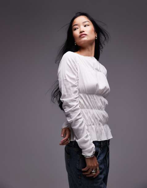 Top blanco marfil fruncido con cuello oblicuo de Topshop - view 1