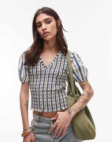 Top blanco marfil y azul a rayas fruncido con cuello de pico y mangas abullonadas de Topshop - view 1