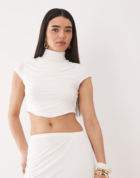 Top blanco moldeador con cuello alto y mangas de casquillo de punto liso de Ruched & Ready (parte de un conjunto) - view 1