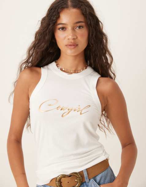 Top blanco y dorado sin mangas con estampado metalizado "Cowgirl" de canalé de Never Fully Dressed - view 1