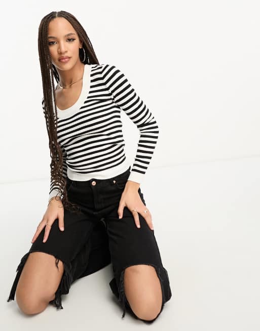 Top blanco y negro a rayas con cuello ancho de punto de JDY ASOS