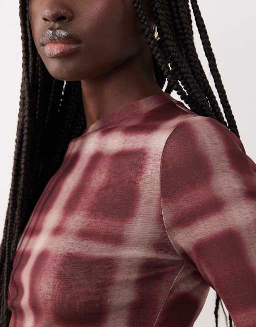 Top burdeos a cuadros traslúcido de manga larga de gasa de ASOS DESIGN, 3 de 4