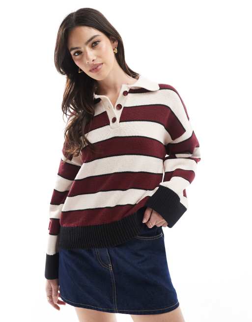 Top burdeos a rayas con cuello tipo polo de punto de ASOS DESIGN