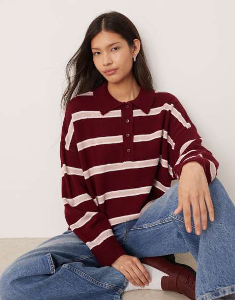 Top burdeos a rayas con cuello tipo polo de punto de ASOS DESIGN - view 1