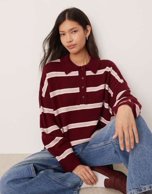 Top burdeos a rayas con cuello tipo polo de punto de ASOS DESIGN