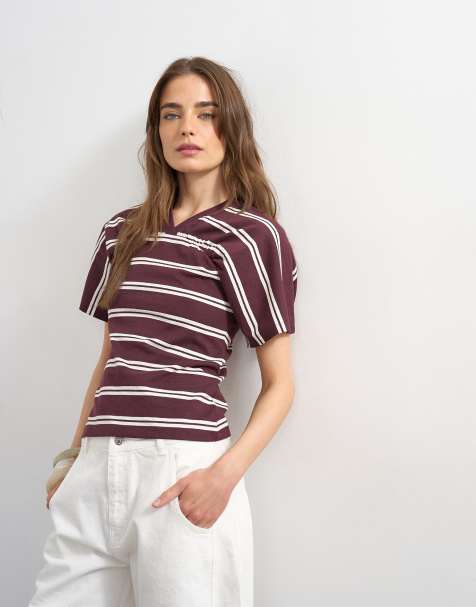 Top burdeos a rayas de manga corta con canesú con costuras fruncidas de Topshop - view 1