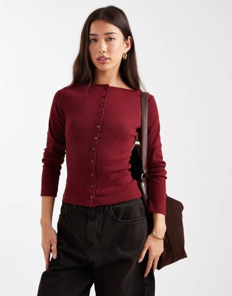 Top burdeos abotonado de corte depurado de canalé reducido de ASOS DESIGN - view 1
