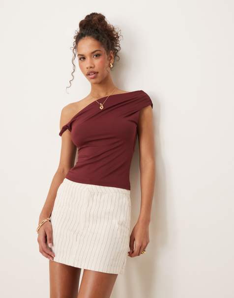 Top burdeos ceñido con escote Bardot de punto liso de Gina Tricot - view 1