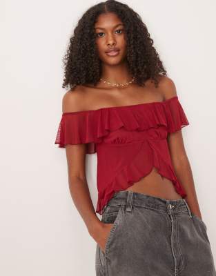 Top burdeos con abertura delantera, escote Bardot y volante de ASOS DESIGN - view 1