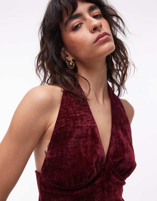 Top burdeos con cuello halter de velour de ASOS DESIGN, 2 de 4
