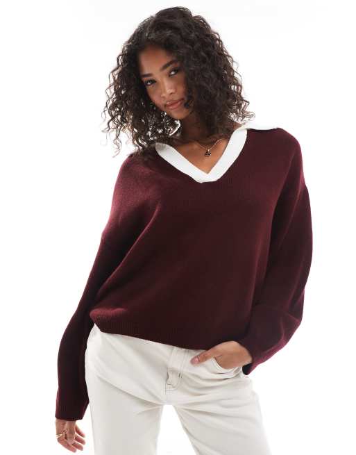 Top burdeos con cuello tipo polo y muesca en contraste de punto de ASOS DESIGN