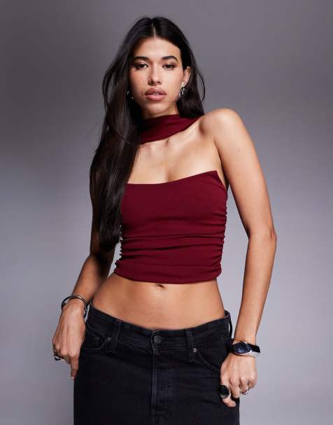 Top burdeos con escote palabra de honor y detalle de fular al cuello de ASOS DESIGN - view 1