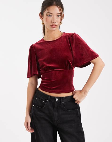 Top burdeos con mangas abullonadas y lazada en la espalda de terciopelo de ASOS DESIGN - view 1