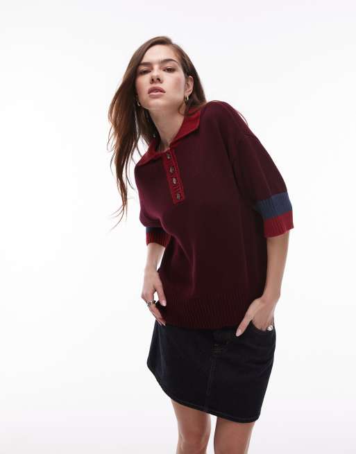Top burdeos con tapeta de botones y cuello estilo polo de punto de Topshop, 3 de 4