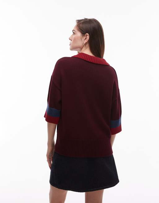 Top burdeos con tapeta de botones y cuello estilo polo de punto de Topshop, 4 de 4