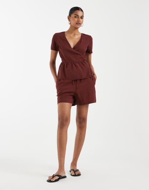 Top burdeos cruzado de manga corta de tejido efecto lino de Vero Moda (parte de un conjunto) - view 1