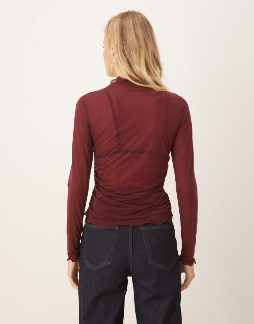 Top burdeos de manga larga con cuello alto de malla semitransparente de ASOS DESIGN, 3 de 4