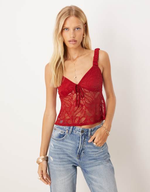 Top burdeos de tirantes de encaje texturizado de ASOS DESIGN