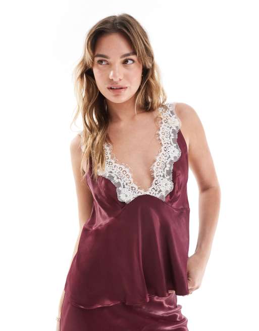 Top burdeos de tirantes de mezcla de satén y encaje de ASOS DESIGN