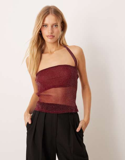 Top burdeos efecto purpurina con cuello halter de malla de ASOS DESIGN - view 1