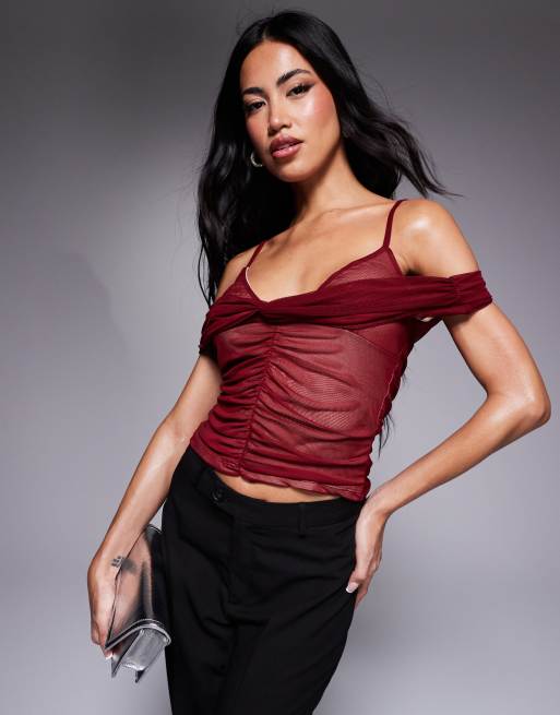 Top burdeos fruncido con escote Bardot y diseño de dos capas de malla de ASOS DESIGN