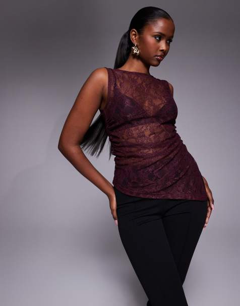 Top burdeos sin mangas con lateral fruncido y detalle asimétrico de encaje de ASOS DESIGN - view 1