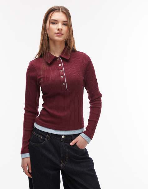 Top burdeos y azul de manga larga con cuello abotonado en la parte delantera de ASOS DESIGN - view 1