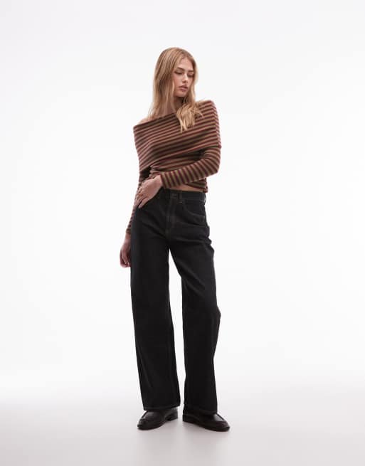 Top burdeos y caqui a rayas con escote Bardot plegado de tejido muy suave de ASOS DESIGN, 2 de 4