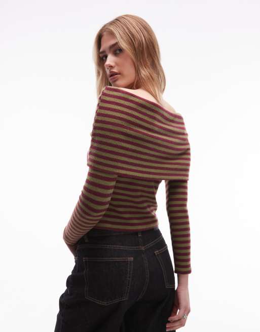 Top burdeos y caqui a rayas con escote Bardot plegado de tejido muy suave de ASOS DESIGN, 4 de 4