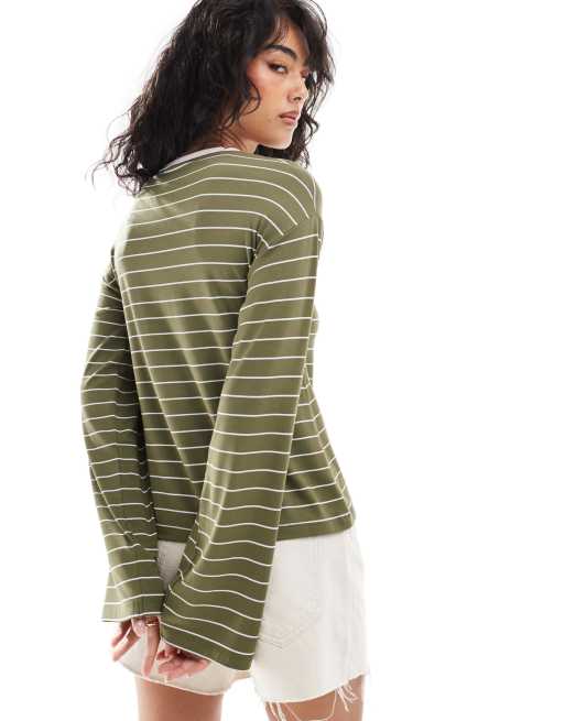 Top caqui a rayas de manga larga con ribete en contraste en el cuello de ASOS DESIGN, 4 de 4