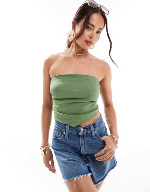 Top caqui con escote palabra de honor y bajo de pico de tejido efecto lino de ASOS DESIGN
