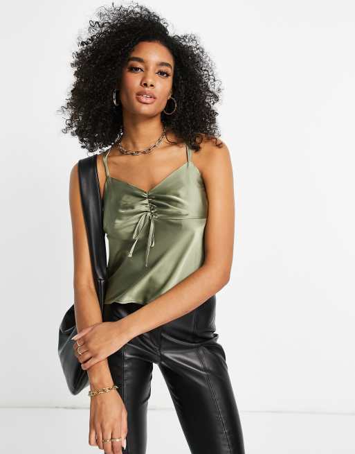 Top caqui de tirantes con parte delantera fruncida de Topshop