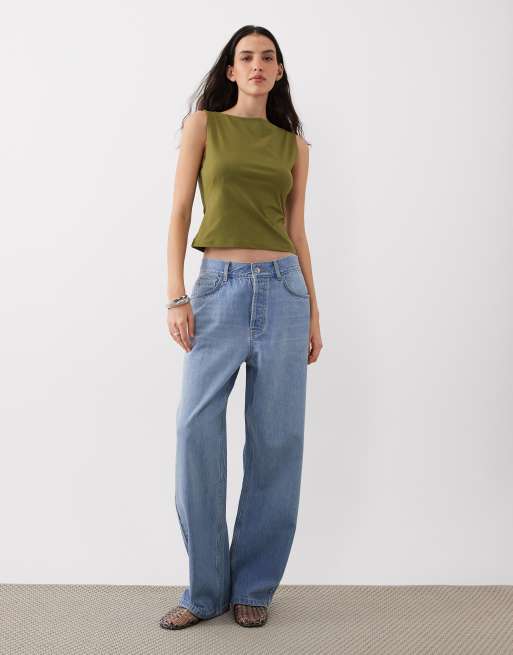 Top caqui entallado con cuello barco de poliamida de ASOS DESIGN, 2 de 4