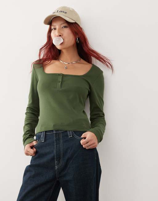 Top caqui lavado de manga larga con botones y cuello cuadrado de Reclaimed Vintage
