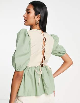 Top caqui y beis amplio con diseño color block y cordones en la espalda de algodón de ASOS DESIGN