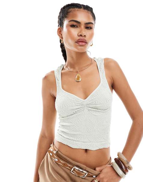 Top color aguamarina de tirantes con cuello en forma de corazón de encaje texturizado de Free People - view 1