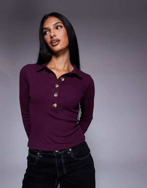 Top color arándano de manga larga con cuello estilo polo de canalé de algodón de ASOS DESIGN