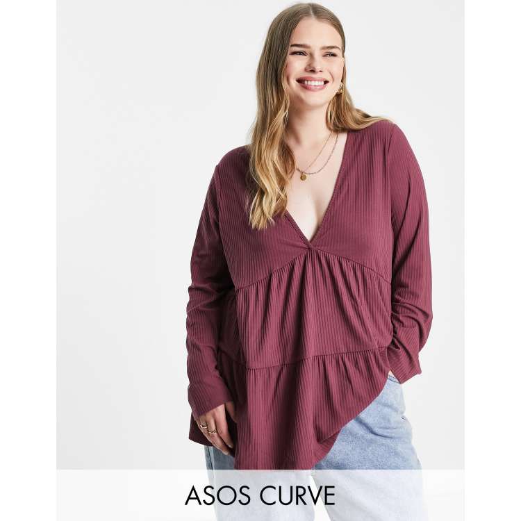 Top color berenjena amplio de manga larga de canalé de ASOS DESIGN | ASOS