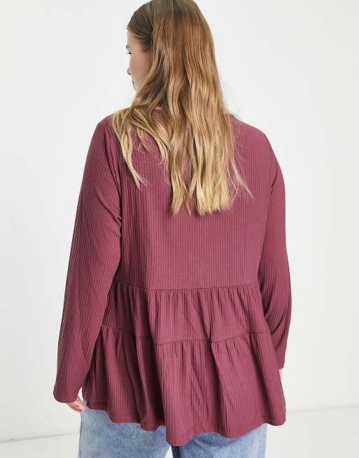 Top color berenjena amplio de manga larga de canalé de ASOS DESIGN | ASOS