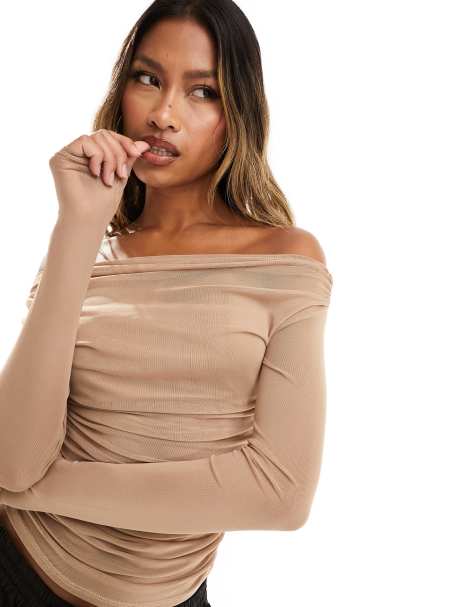 Top color camel fruncido con escote Bardot de malla de ASOS DESIGN - view 1