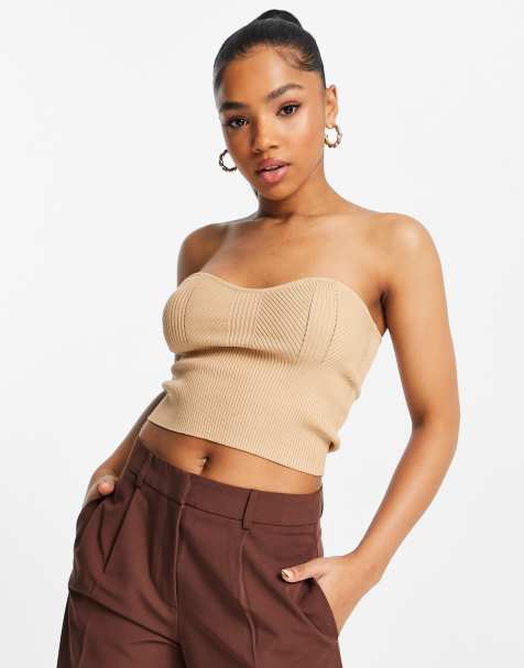 Top color camel palabra de honor con diseño contorneado de punto de canalé de Miss Selfridge - CAMEL - view 1