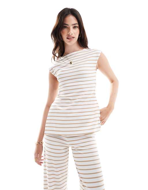Top color camel sin mangas a rayas extragrande de ASOS DESIGN (parte de un conjunto)
