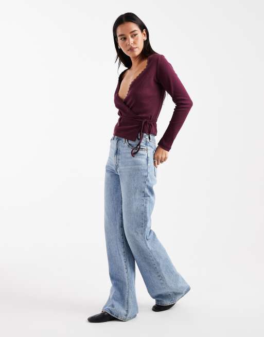 Top color ciruela cruzado de punto pointelle de Miss Selfridge, 3 de 4