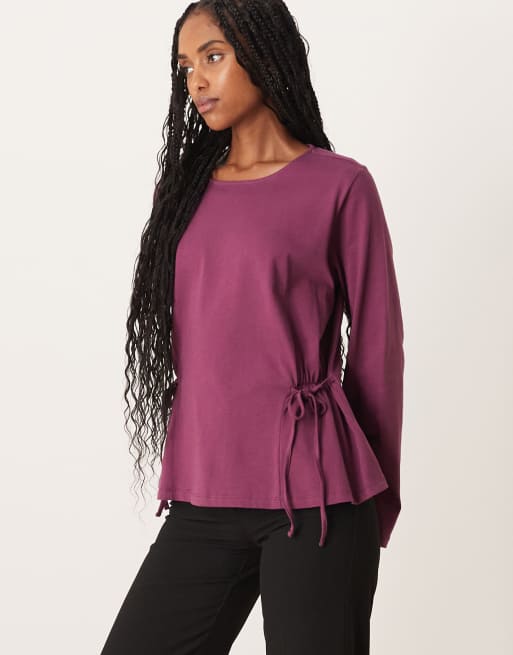 Top color ciruela de manga larga con lazada en el lateral y cintura entallada de ASOS DESIGN