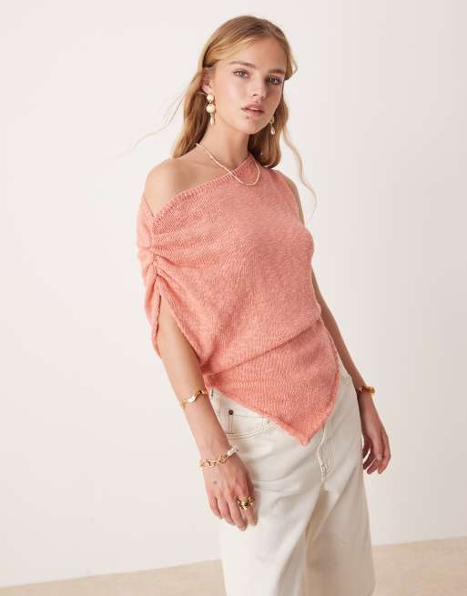 Top color coral asimétrico con detalle drapeado y bajo asimétrico de punto flameado de ASOS DESIGN